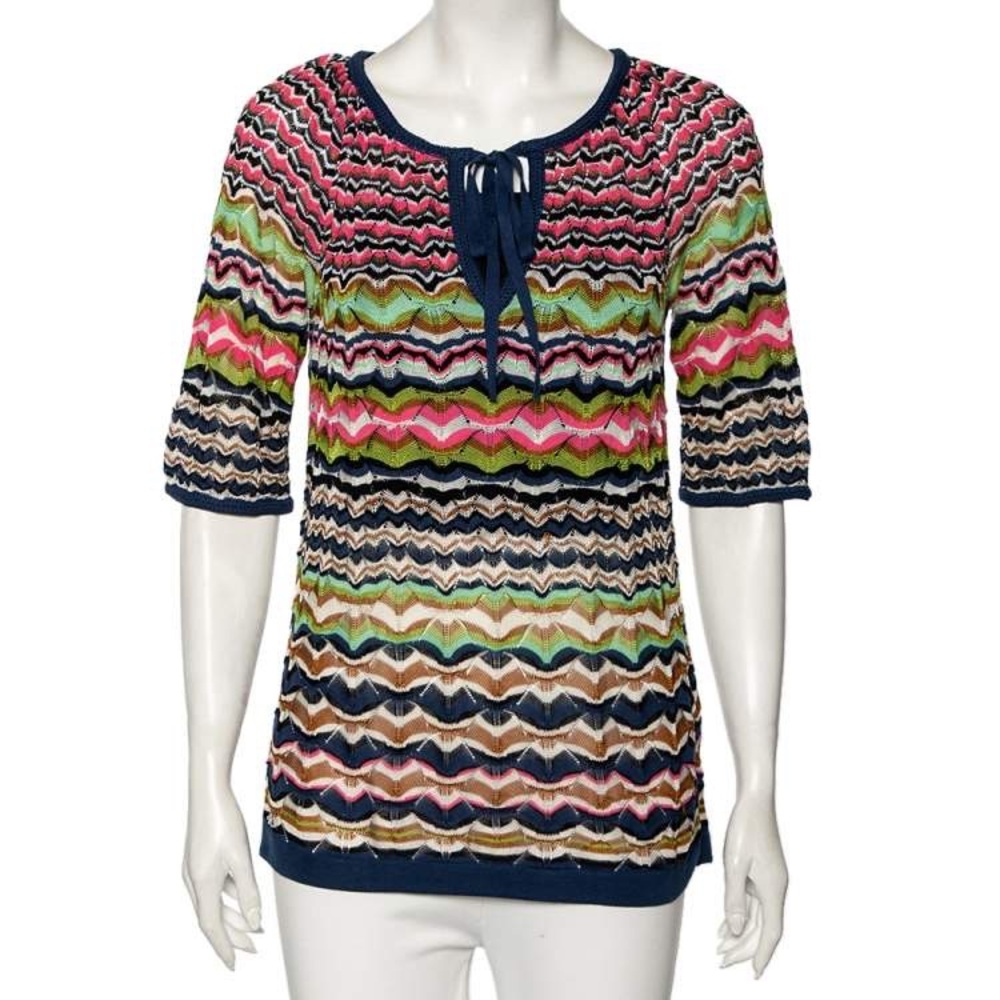 Missoni Pink Blue Multi Short Sleeve Tie Front Knit Blouse Chevron Stripe MEDIUM